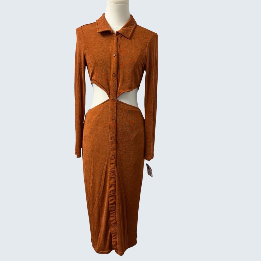 MABLE Dress L Burnt Orange Slinky Waist Cutout Collared Long Sleeve Midi Bodycon
